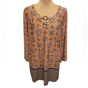 Tacera Orange Blue Floral Geometric Print Long Sleeve Tunic Stretch Top Size 2XL